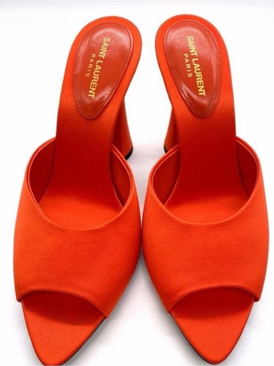Saint Laurent Shoes - Saint Laurent Bright Orange Satin Peep-Toe Mule